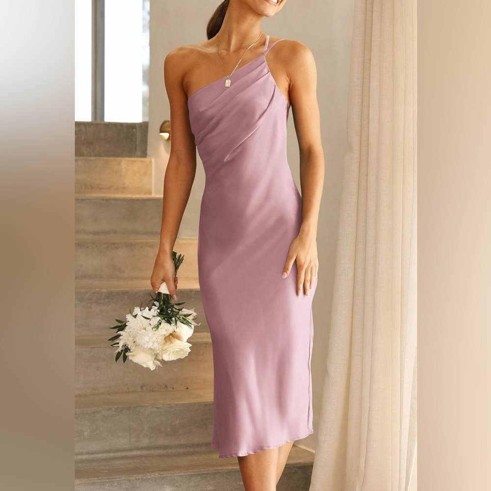 Pink Asymmetrical Maxi Dress with Ruched Detail for Weddings
